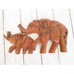 Elephant Wall Art 12”x7” Brown Carved Wood Hanging Decor Rustic Nursery Folksy